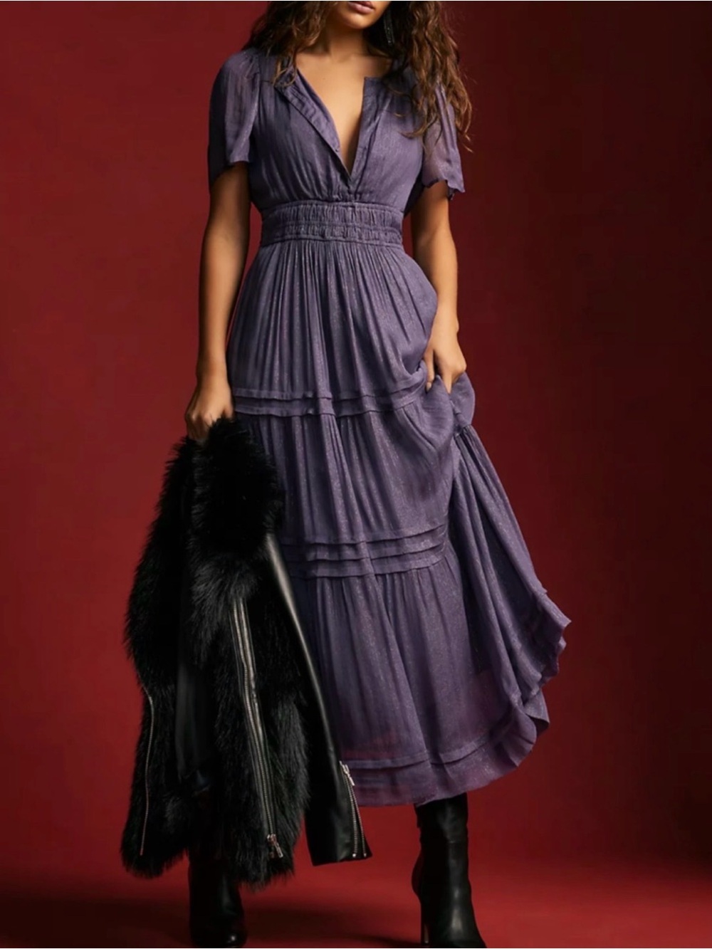 NWT Anthropologie Somerset Maxi Dress Lurex Navy Metallic XL $180